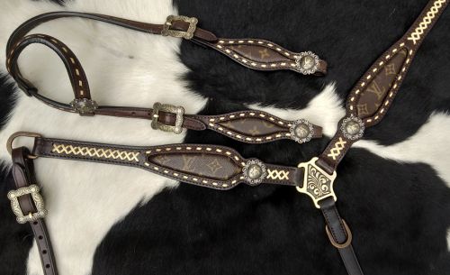 Klassy Cowgirl Argentina Cow Leather Re-Purposed Louis Vuitton Headstall and Breast Collar Set with gold leather lacing #5